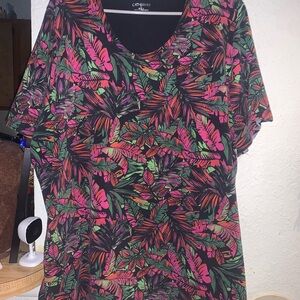 Catherines Black Tropical Leaf Scoop Neck Top with Pink & Green